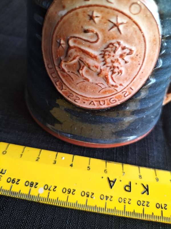 Vintage Wold Pottery Hand Thrown Blue Routh Beverly Yorkshire Mug Stein Tankard - Leo Zodiac Sign