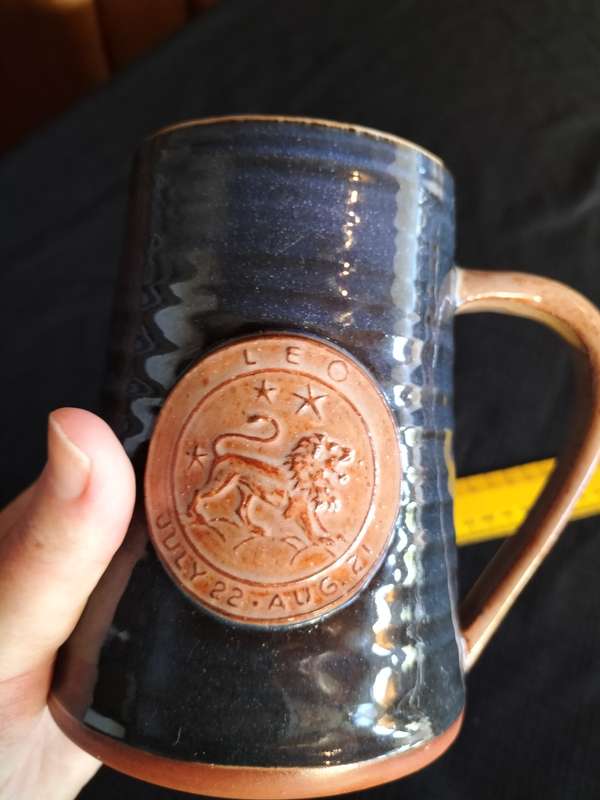 Vintage Wold Pottery Hand Thrown Blue Routh Beverly Yorkshire Mug Stein Tankard - Leo Zodiac Sign