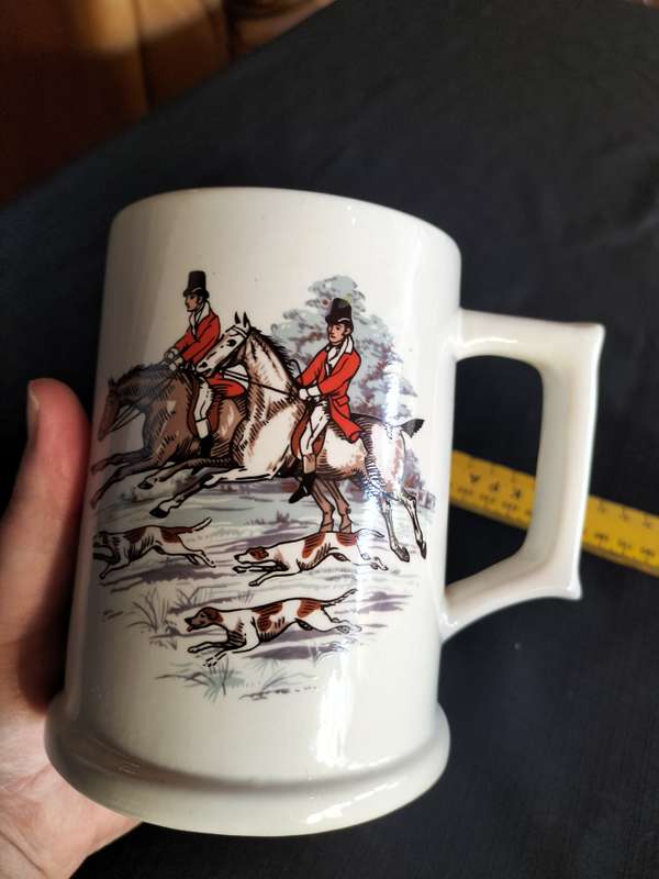 Beautiful Vintage Moore Pottery Lusaka Tankard - Hunting Scene With Riders on Horseback and Dogs