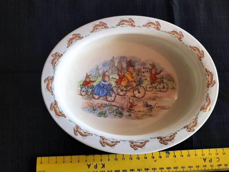 Beautiful Vintage Royal Doulton Bunnykins Bowl Oval -Bicycling Design With Bunnies Riding Bicycles
