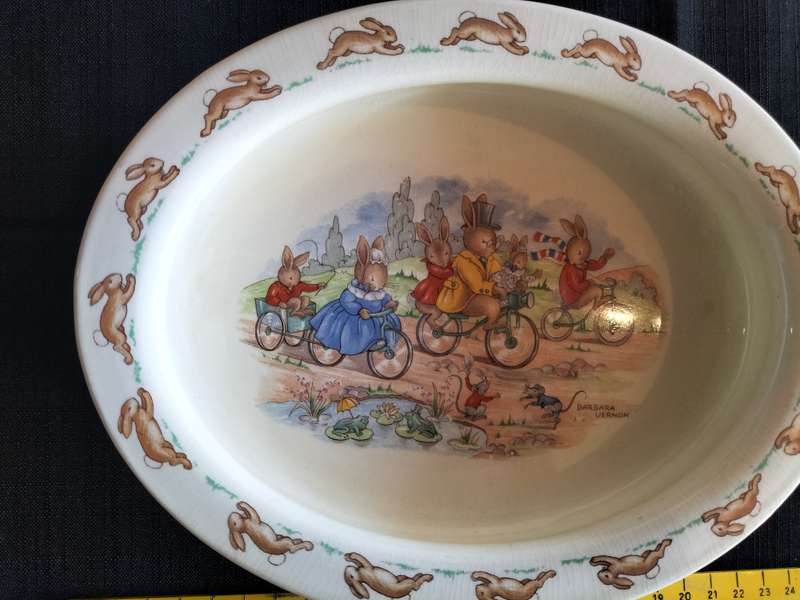 Beautiful Vintage Royal Doulton Bunnykins Bowl Oval -Bicycling Design With Bunnies Riding Bicycles