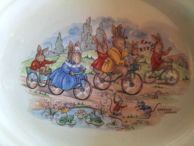 Beautiful Vintage Royal Doulton Bunnykins Bowl Oval -Bicycling Design With Bunnies Riding Bicycles