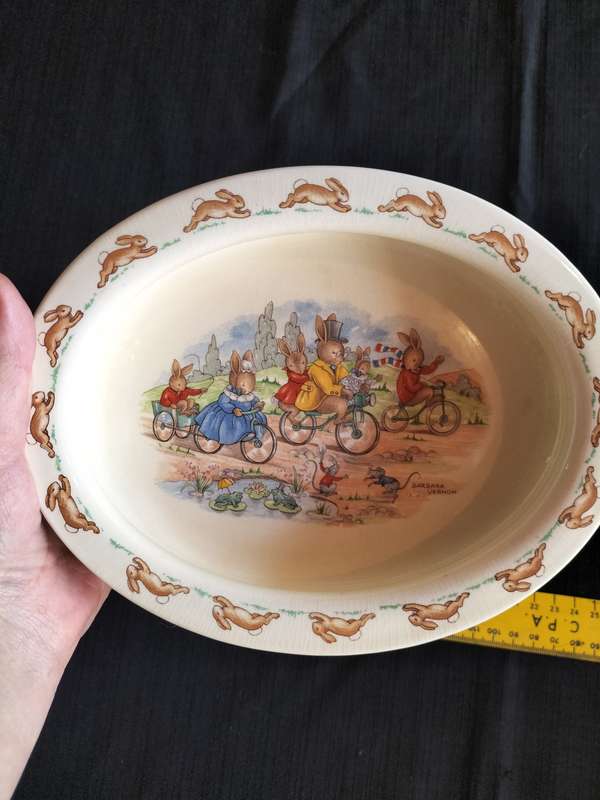 Beautiful Vintage Royal Doulton Bunnykins Bowl Oval -Bicycling Design With Bunnies Riding Bicycles