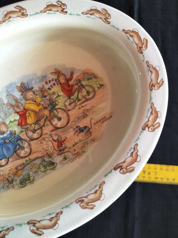 Beautiful Vintage Royal Doulton Bunnykins Bowl Oval -Bicycling Design With Bunnies Riding Bicycles