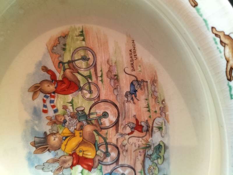 Beautiful Vintage Royal Doulton Bunnykins Bowl Oval -Bicycling Design With Bunnies Riding Bicycles