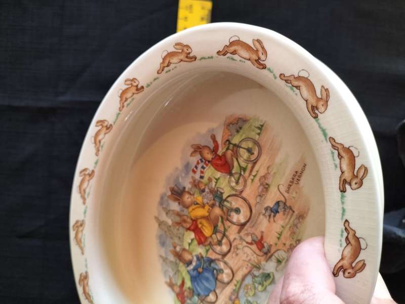 Beautiful Vintage Royal Doulton Bunnykins Bowl Oval -Bicycling Design With Bunnies Riding Bicycles