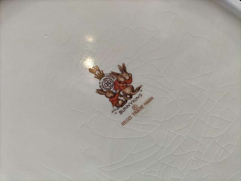 Beautiful Vintage Royal Doulton Bunnykins Bowl Oval -Bicycling Design With Bunnies Riding Bicycles