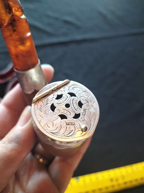 Stunning Vintage 1775-1776  Birmingham Walnut Tobacco Pipe with Silver Accent J.G.M-View Description