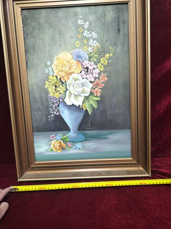Beautiful Vintage Oil Painting on Board- Floral Arangement in Blue Vase - SA Artist -Maritza Du Toit