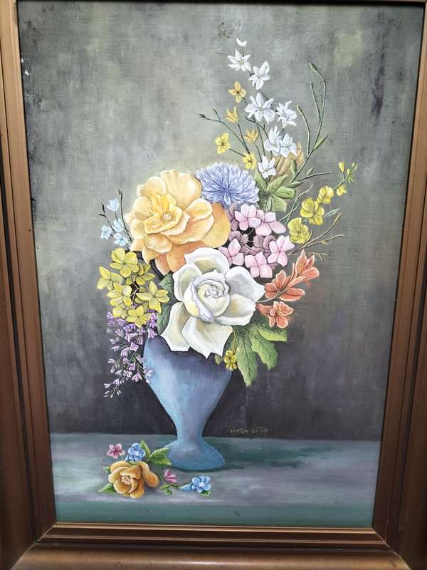 Beautiful Vintage Oil Painting on Board- Floral Arangement in Blue Vase - SA Artist -Maritza Du Toit