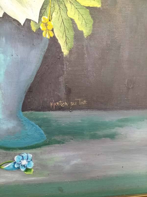 Beautiful Vintage Oil Painting on Board- Floral Arangement in Blue Vase - SA Artist -Maritza Du Toit