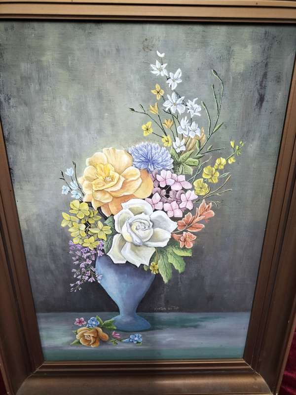 Beautiful Vintage Oil Painting on Board- Floral Arangement in Blue Vase - SA Artist -Maritza Du Toit