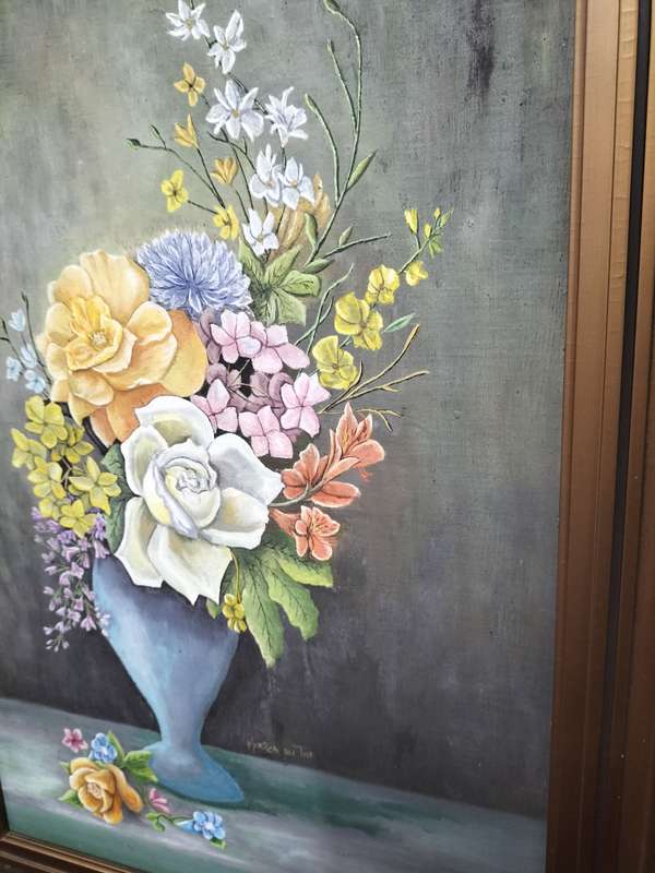 Beautiful Vintage Oil Painting on Board- Floral Arangement in Blue Vase - SA Artist -Maritza Du Toit