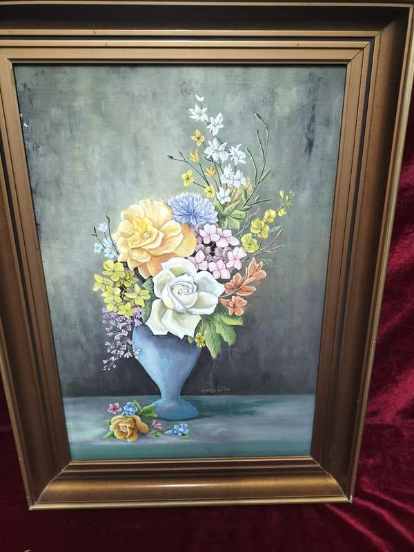 Beautiful Vintage Oil Painting on Board- Floral Arangement in Blue Vase - SA Artist -Maritza Du Toit