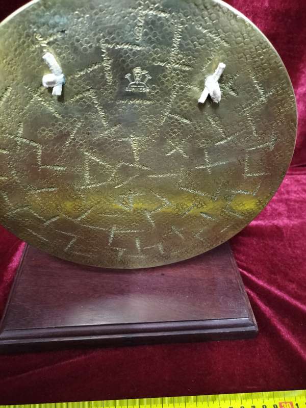 Antique Vintage Brass Burmese Dinner Gong On Wooden Stand With A Gavel And Mullet. - Good Condition