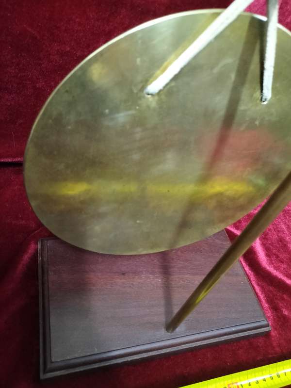 Antique Vintage Brass Burmese Dinner Gong On Wooden Stand With A Gavel And Mullet. - Good Condition