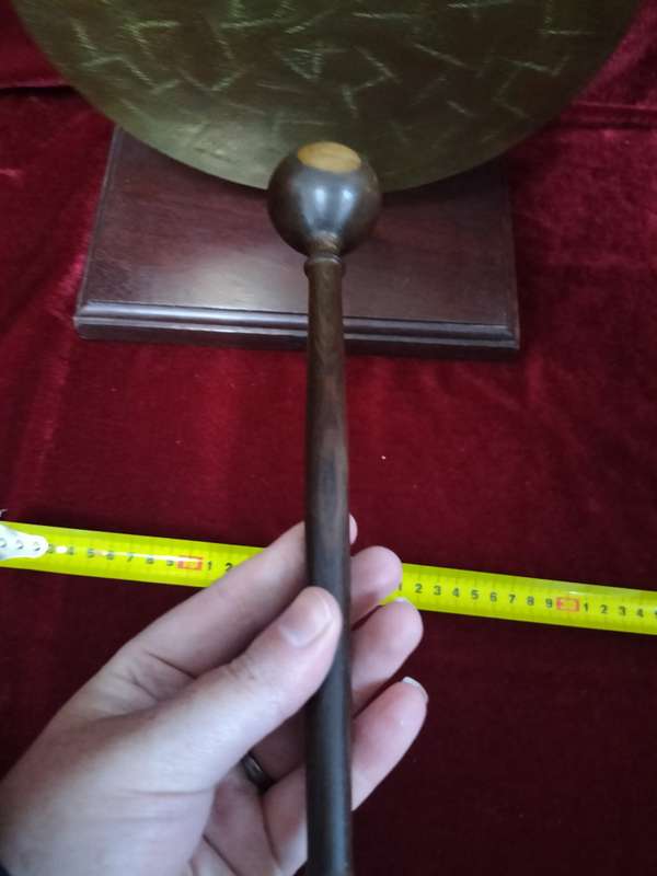 Antique Vintage Brass Burmese Dinner Gong On Wooden Stand With A Gavel And Mullet. - Good Condition