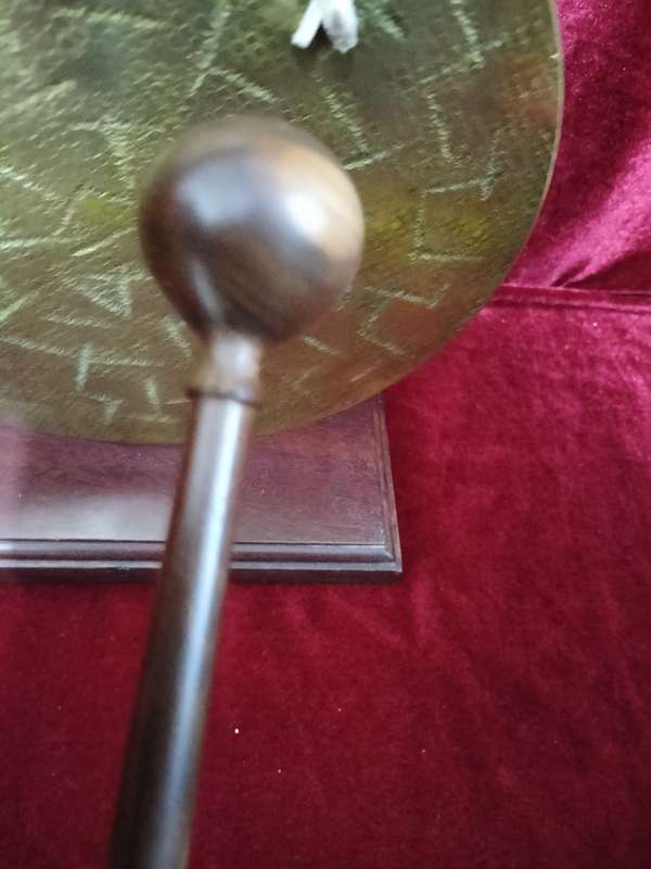 Antique Vintage Brass Burmese Dinner Gong On Wooden Stand With A Gavel And Mullet. - Good Condition