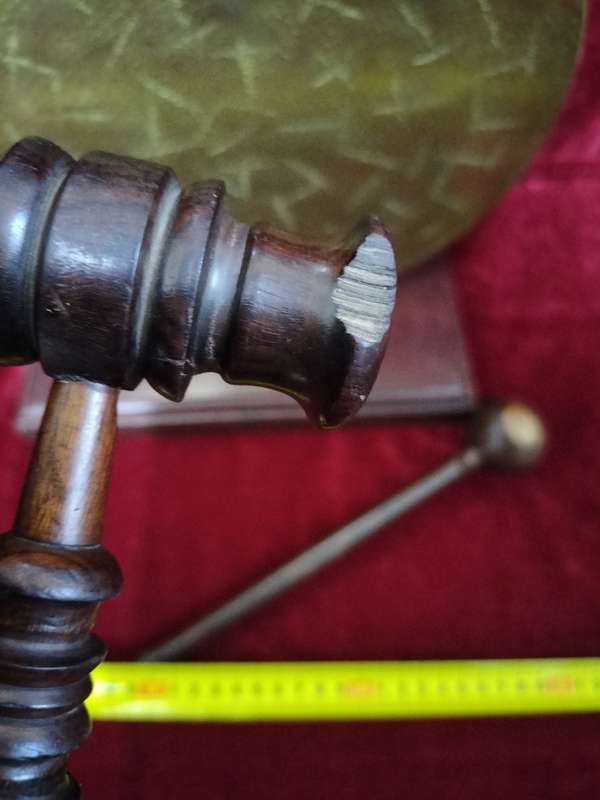 Antique Vintage Brass Burmese Dinner Gong On Wooden Stand With A Gavel And Mullet. - Good Condition