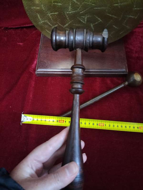 Antique Vintage Brass Burmese Dinner Gong On Wooden Stand With A Gavel And Mullet. - Good Condition