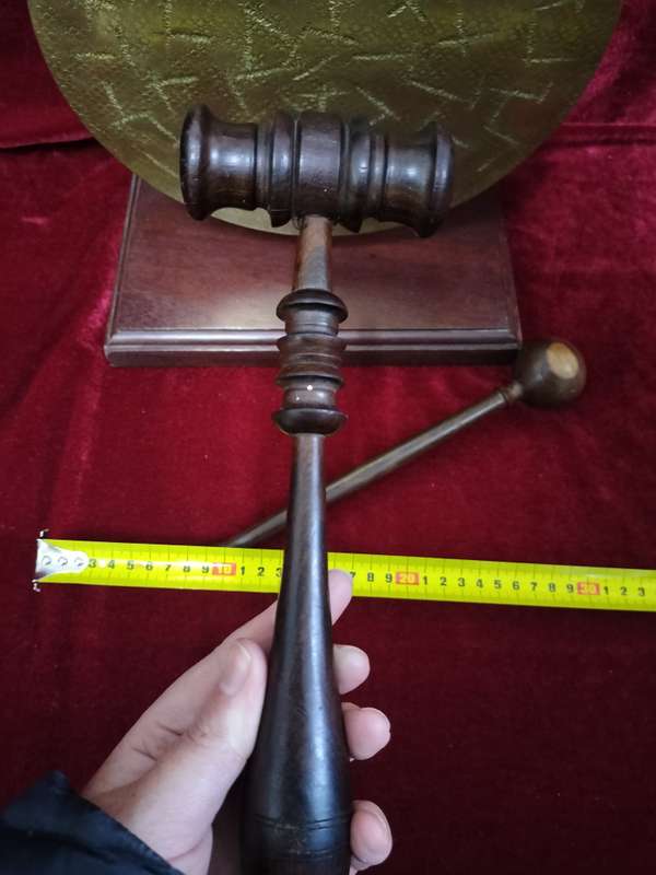 Antique Vintage Brass Burmese Dinner Gong On Wooden Stand With A Gavel And Mullet. - Good Condition