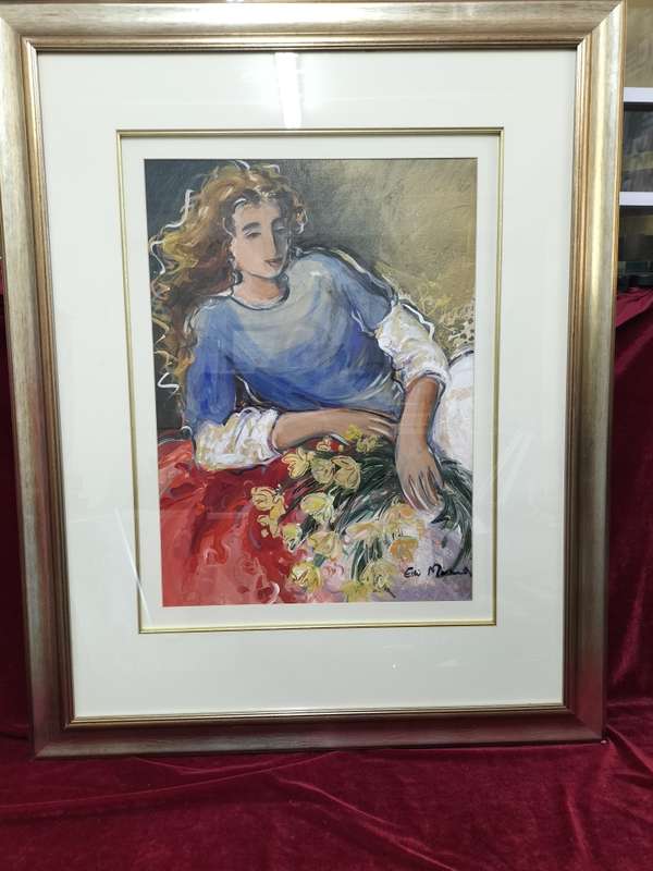 Beautiful Large Framed Este' Mostert Oil On Paper - Woman With Flowers - Good Condition  -See Desp