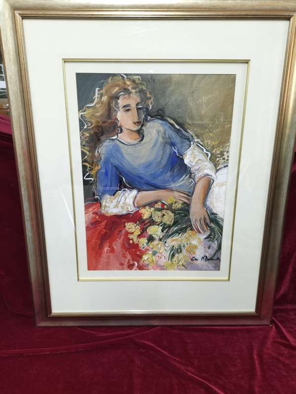 Beautiful Large Framed Este' Mostert Oil On Paper - Woman With Flowers - Good Condition  -See Desp