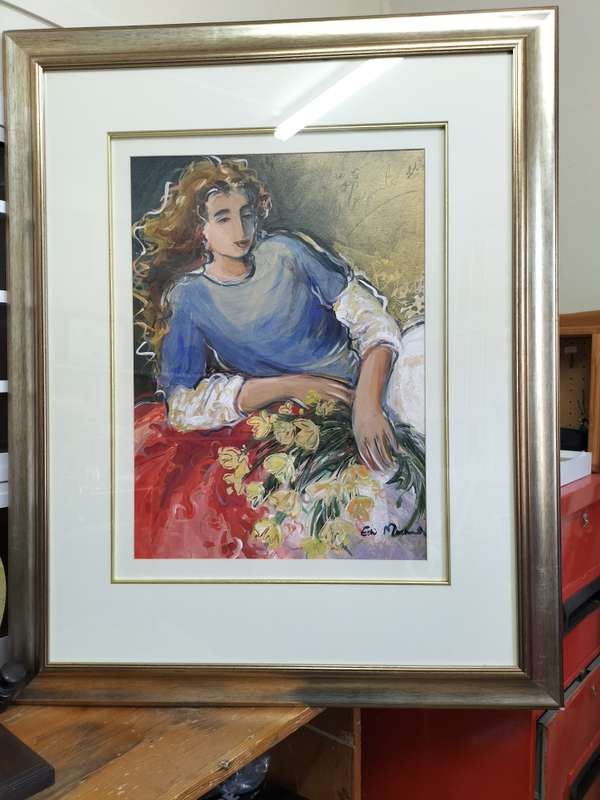 Beautiful Large Framed Este' Mostert Oil On Paper - Woman With Flowers - Good Condition  -See Desp