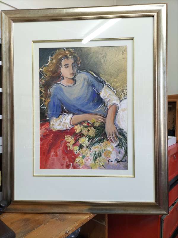 Beautiful Large Framed Este' Mostert Oil On Paper - Woman With Flowers - Good Condition  -See Desp