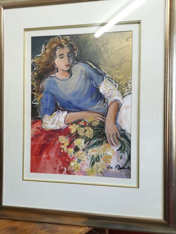 Beautiful Large Framed Este' Mostert Oil On Paper - Woman With Flowers - Good Condition  -See Desp