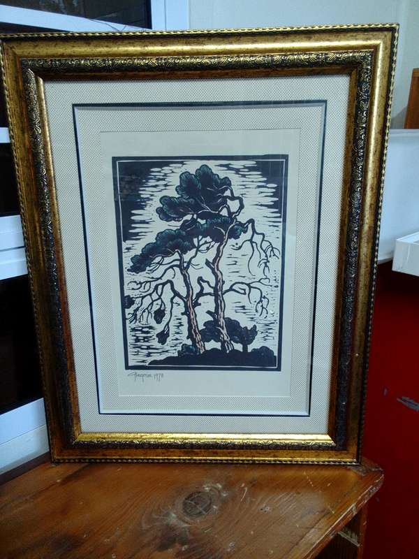 Stunning Gregoire Boonzaier (1909-2005) Linocut Windswept Trees 1978 In A Beautiful frame