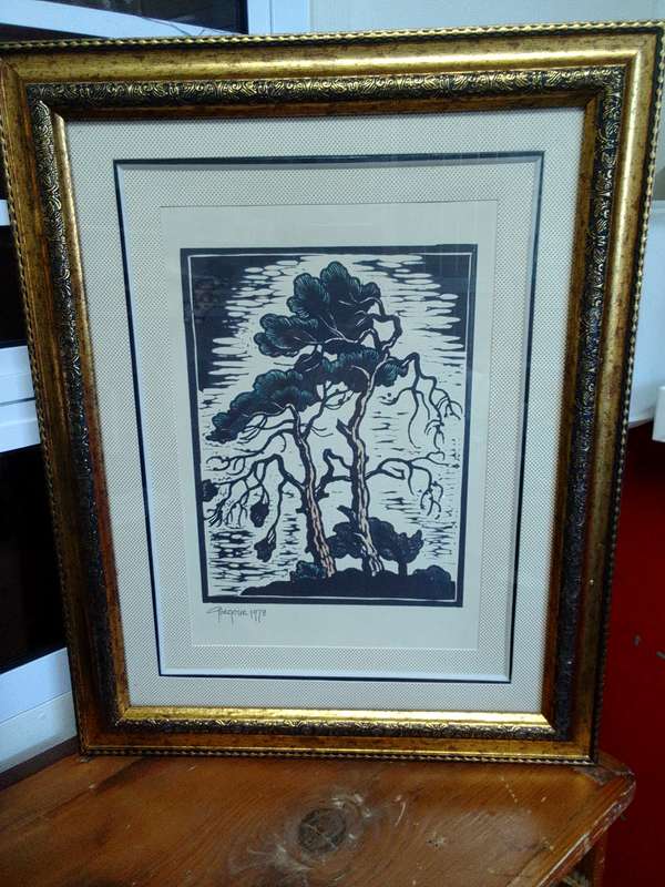 Stunning Gregoire Boonzaier (1909-2005) Linocut Windswept Trees 1978 In A Beautiful frame