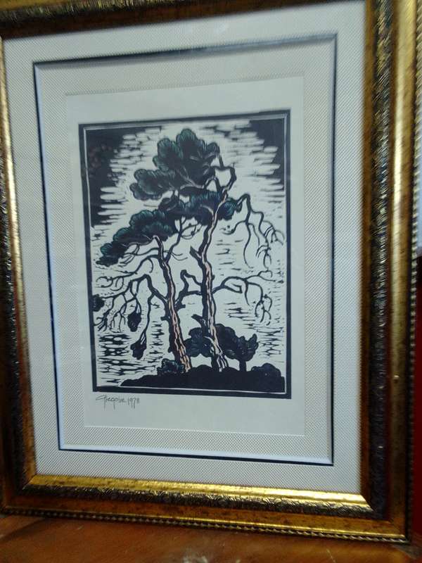 Stunning Gregoire Boonzaier (1909-2005) Linocut Windswept Trees 1978 In A Beautiful frame