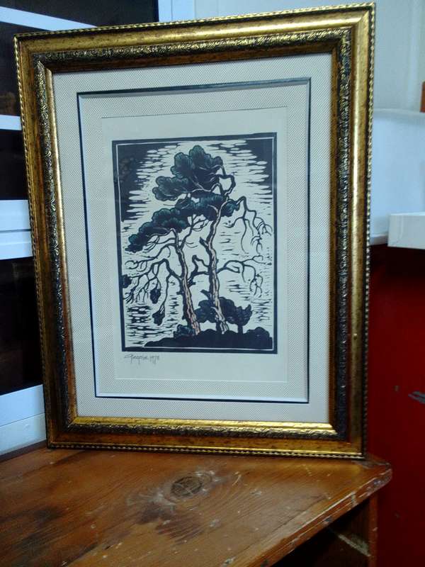 Stunning Gregoire Boonzaier (1909-2005) Linocut Windswept Trees 1978 In A Beautiful frame