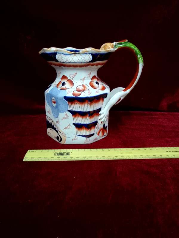 Antique Ironstone China Pitcher Dragon Relief Handle Gaudy Welsh English Pottery- View Description