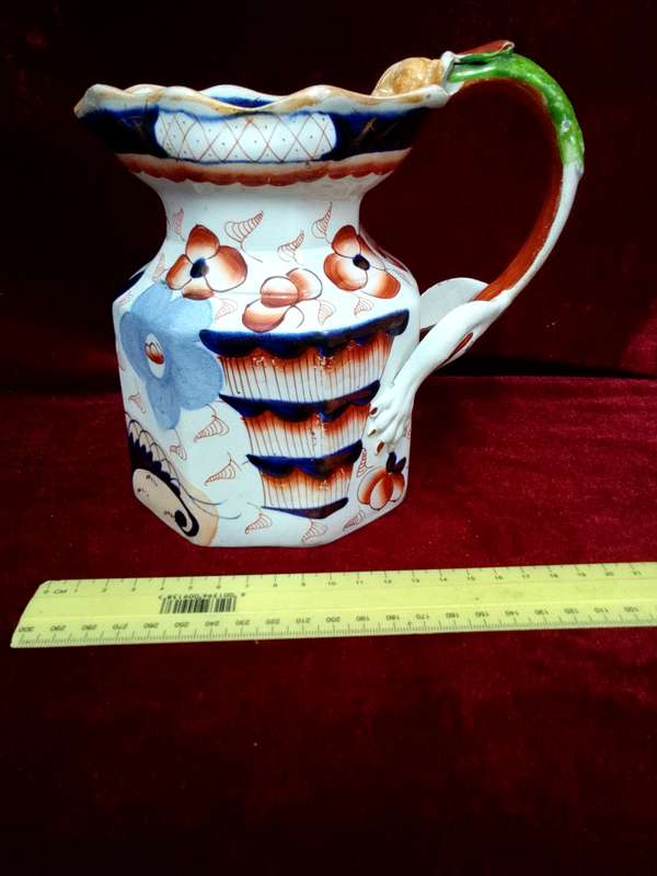 Antique Ironstone China Pitcher Dragon Relief Handle Gaudy Welsh English Pottery- View Description