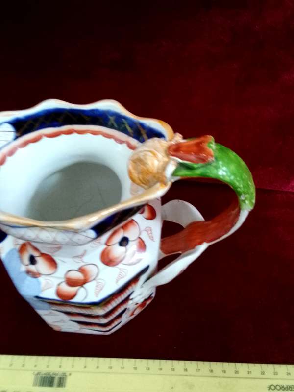 Antique Ironstone China Pitcher Dragon Relief Handle Gaudy Welsh English Pottery- View Description