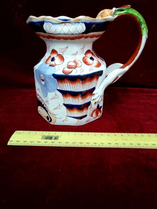 Antique Ironstone China Pitcher Dragon Relief Handle Gaudy Welsh English Pottery- View Description