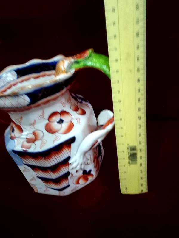 Antique Ironstone China Pitcher Dragon Relief Handle Gaudy Welsh English Pottery- View Description