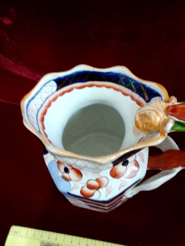 Antique Ironstone China Pitcher Dragon Relief Handle Gaudy Welsh English Pottery- View Description