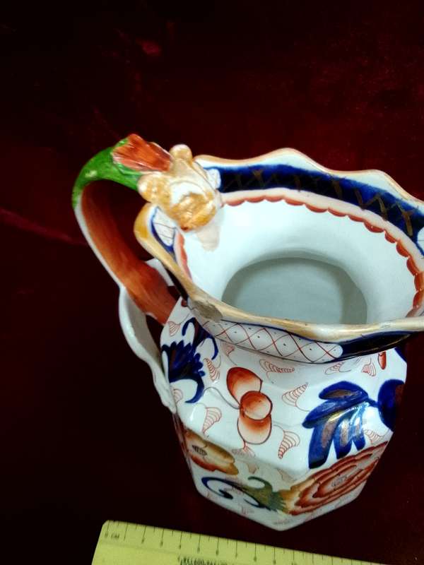 Antique Ironstone China Pitcher Dragon Relief Handle Gaudy Welsh English Pottery- View Description