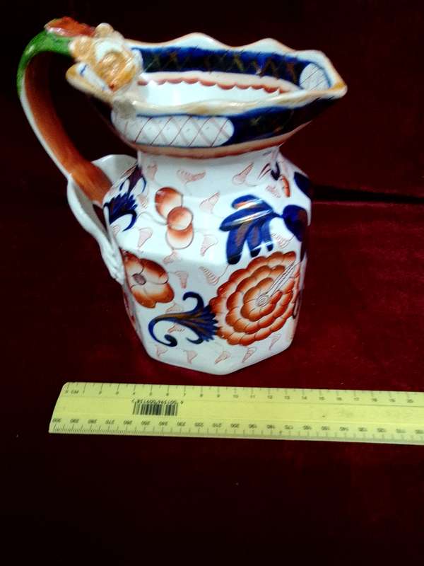 Antique Ironstone China Pitcher Dragon Relief Handle Gaudy Welsh English Pottery- View Description