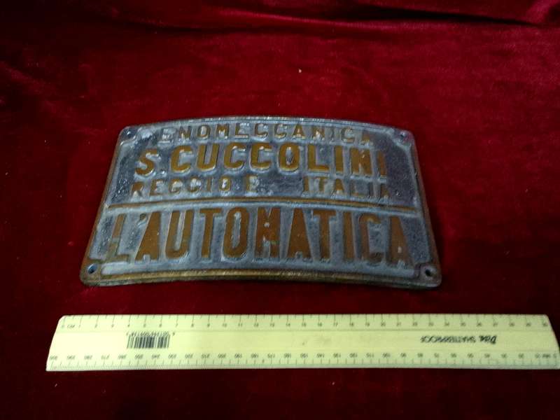 Stunning Vintage Italy Iron Plaque/ Sign  - Enomeccanica S.Cuccolini Reccide Italia L'autonatica