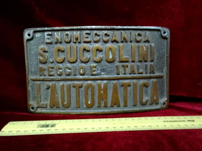 Stunning Vintage Italy Iron Plaque/ Sign  - Enomeccanica S.Cuccolini Reccide Italia L'autonatica
