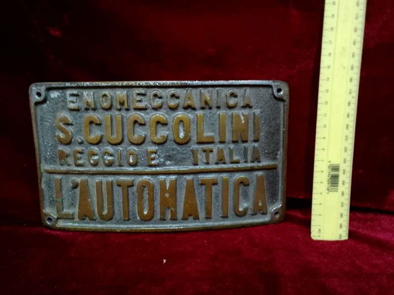Stunning Vintage Italy Iron Plaque/ Sign  - Enomeccanica S.Cuccolini Reccide Italia L'autonatica
