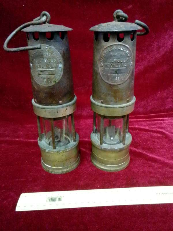 Antique Set Of Two Brass Hailwoods Ackroyd Improved Miner's Flame Safety Lamps- Morley Leeds England