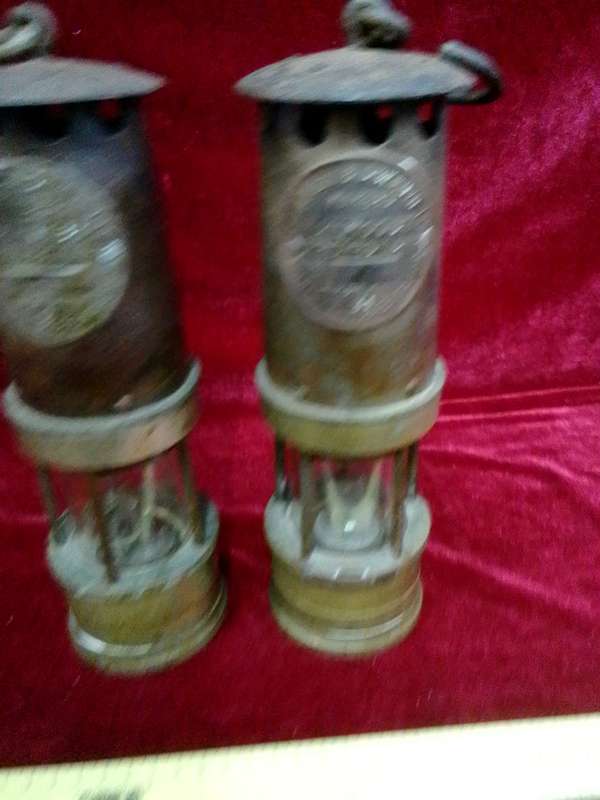 Antique Set Of Two Brass Hailwoods Ackroyd Improved Miner's Flame Safety Lamps- Morley Leeds England