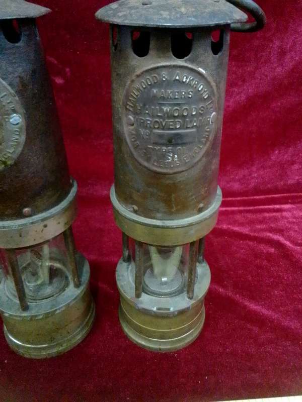 Antique Set Of Two Brass Hailwoods Ackroyd Improved Miner's Flame Safety Lamps- Morley Leeds England