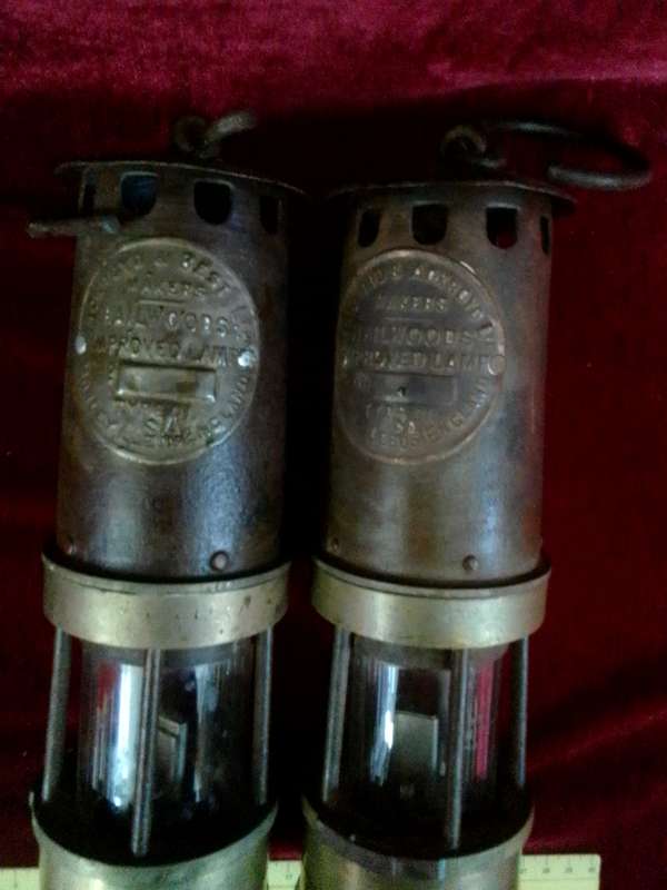 Antique Set Of Two Brass Hailwoods Ackroyd Improved Miner's Flame Safety Lamps- Morley Leeds England