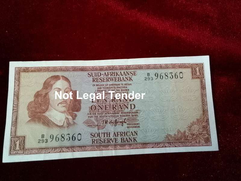 Republic Of South Africa One Rand Note Serial Number 968360 - TW De Jongh - Good Condition